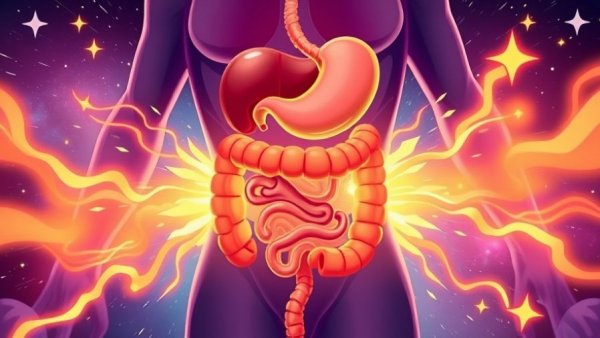 Vibrant cartoon of digestive system illustrating energy rush when you drink a protein shake on an empty stomach.