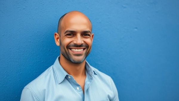 Man smiling against a blue wall reflecting coffee culture legacy.