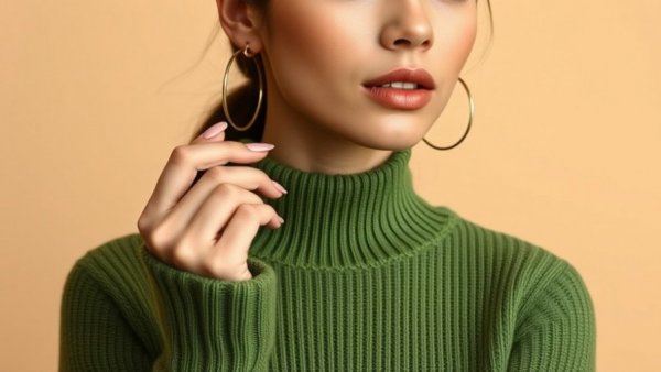Close-up woman in green sweater explaining makeup tips, with hoop earrings.