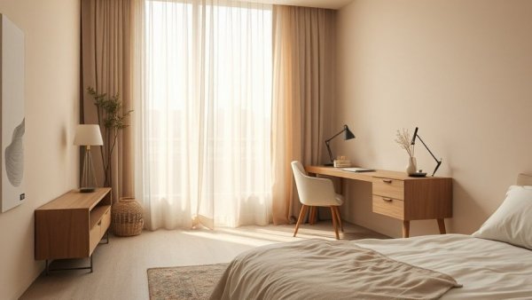 Bright minimalist bedroom with desk and curtains