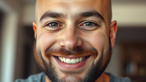 Smiling bald man indoors, natural lighting, subtle shadows.