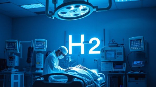 Hydrogen inhalation therapy in a hospital setting with doctors and monitors.
