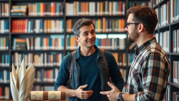 Man discussing hydrogen inhalation therapy in a library setting.