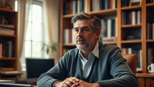 Middle-aged man in a study discussing hydrogen water benefits.