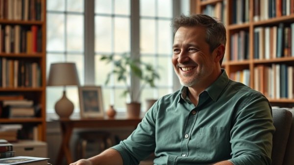 Man in a study discussing benefits of hydrogen water, surrounded by books.