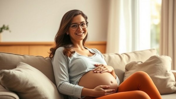 Happy pregnant woman relaxing on a couch, home setting.