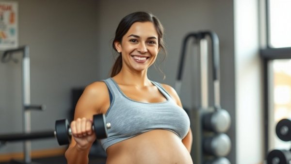Pregnant woman exercising safely with dumbbell indoors.
