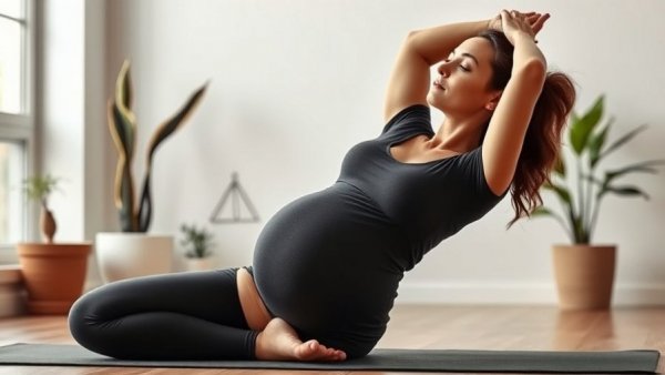 Pregnant woman doing yoga to relieve pregnancy back pain fast in a serene studio.
