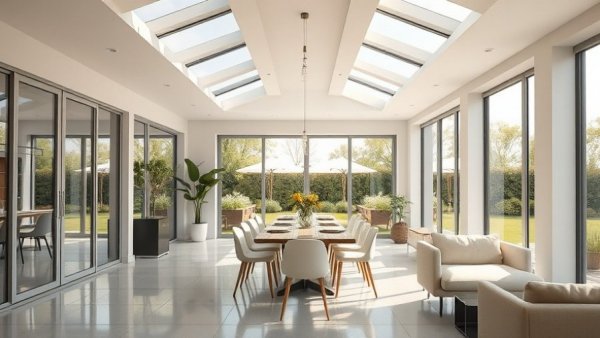 Modern dining area with garden view through glass doors.