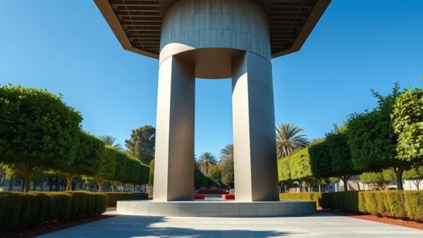 Sleek modern structural column in landscaped area.