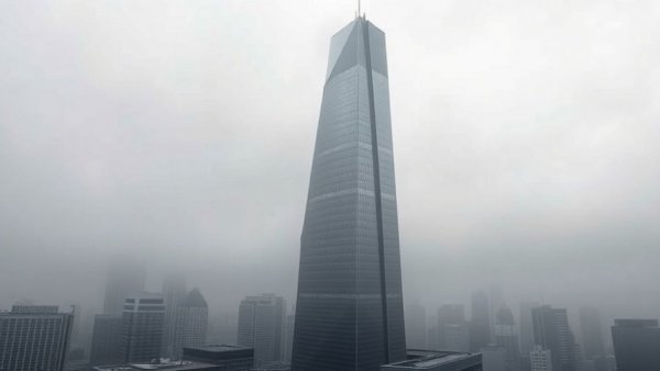 Modern skyscraper showcasing structural engineering with foggy skyline.