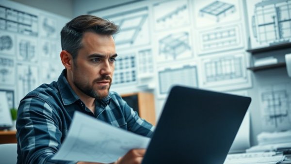 Structural engineering professional analyzing blueprints at a desk.