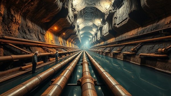 Underground oil storage system with workers in a dimly lit cavern.