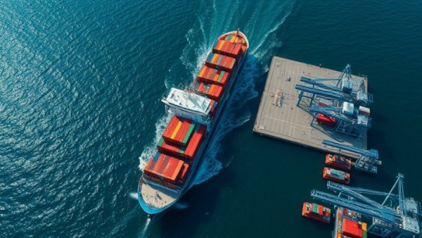 Aerial view of infrastructure projects in the Indian Ocean with a large container ship.