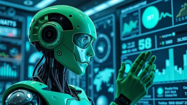 Futuristic AI robot engaging with digital analytics for AI marketing strategies.