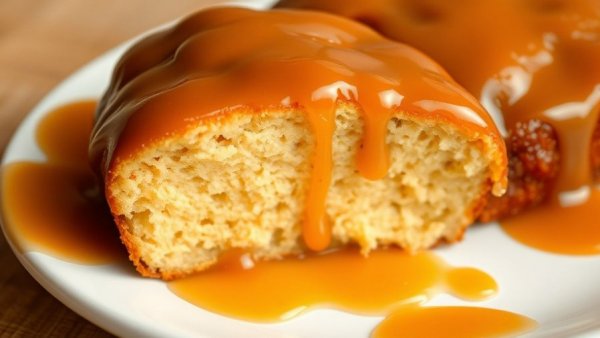 Smooth caramel bread pudding recipe with glossy caramel topping on white plate.