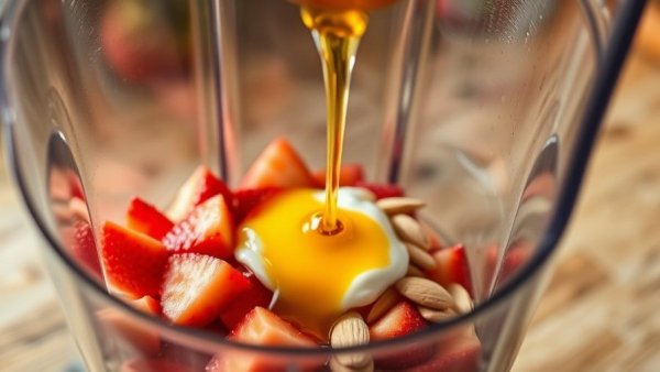Smoothie ingredients with honey; strawberries, almonds, and yogurt.