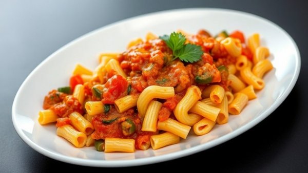 Delicious tomato pasta recipe on a plate with vibrant colors.