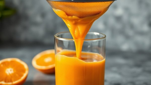 Orange smoothie mixture being poured through a sieve for smoothie recipes.
