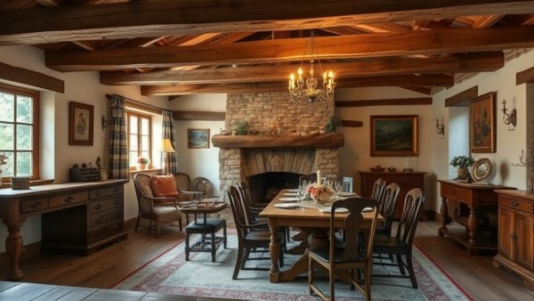 Rustic dining room in UK luxury bed and breakfast with wooden beams.