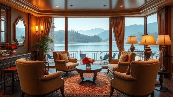 Luxury bed and breakfast in UK, cozy sitting area overlooking lake.