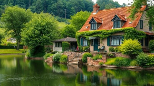 Charming luxury bed and breakfast in UK countryside, reflected in water.