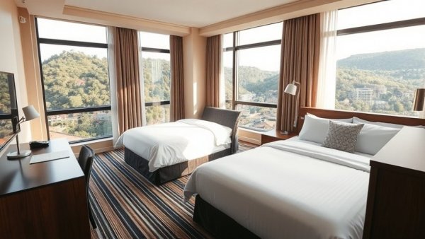 Modern UK luxury bed and breakfast room with scenic view.