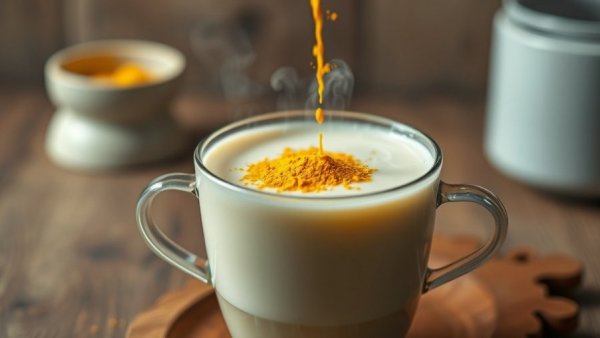 Turmeric milk recipe benefits: spoon adding turmeric to hot milk.