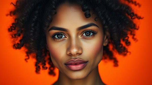 Professional portrait of woman, confident expression, orange background