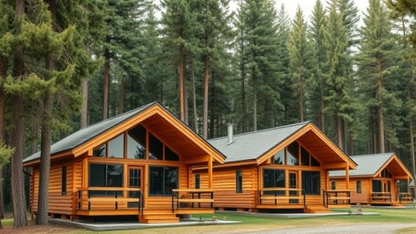 Modern cabins amid tall pines in Camp Coffee Shop 2026