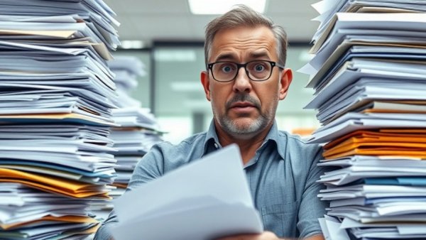 Man stressed by towering paperwork, related to VAT domestic reverse charge in construction.