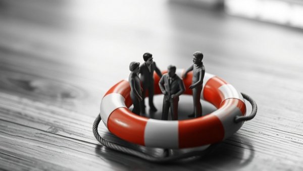 Miniature figures on a lifebuoy, representing a reputation crisis playbook.