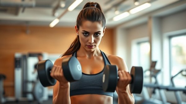 Woman lifting dumbbells in a gym as part of a female body recomposition workout plan.