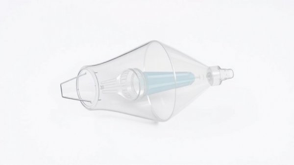 Transparent breast implant suction retrieval device with blue seal.
