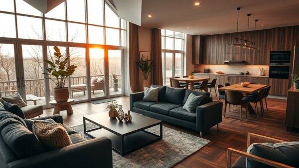 Stylish living and dining area in contemporary home with wooden accents.