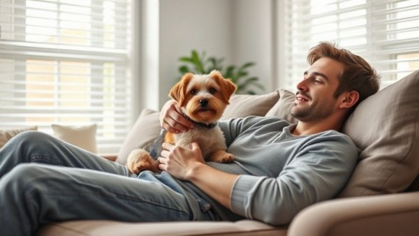 Person with small dog relaxing indoors, unrelated to cosmetic surgery.