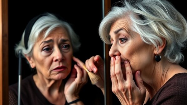 Best makeup tips for women over 40: Concerned older woman checks makeup creasing