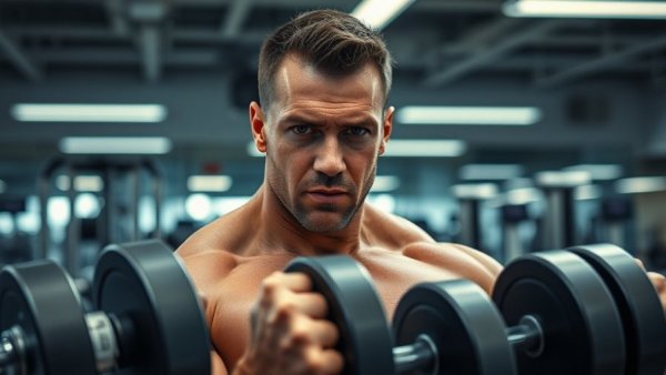 Intense man lifting weights in gym for maingaining muscle building.