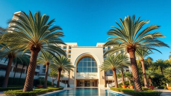 Conrad Dubai entrance with palm trees and pool at luxury hotel.