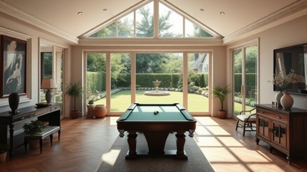 Spacious multipurpose garden room with pool table and garden view.