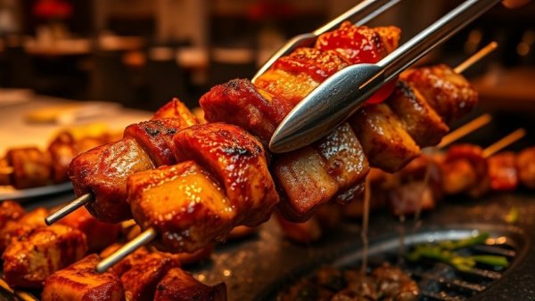 Juicy grilled meat skewers at a Brazilian steakhouse.