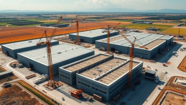 Expansive EV construction site with cranes in operation.
