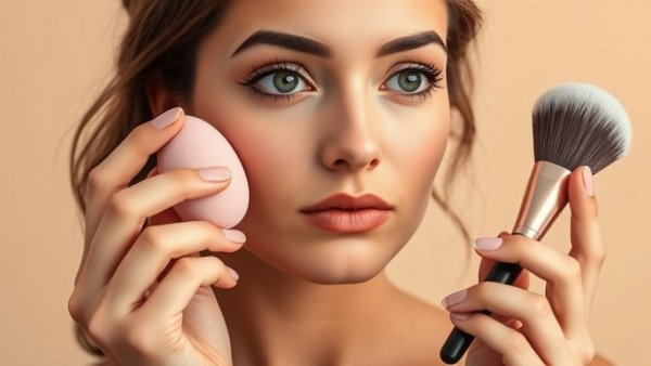 How to apply concealer before or after foundation, woman holding makeup tools.