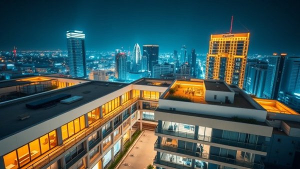 Modern commercial property in the UK, illuminated at night.