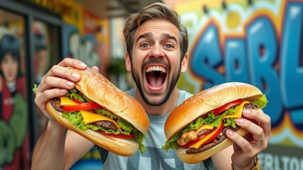 Man enjoying huge sandwiches in LA, perfect for first-time visitors.