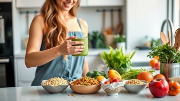 Colorful healthy meal preparation in a modern kitchen.