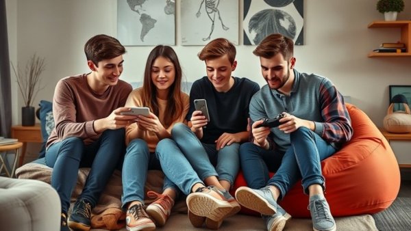 Teenagers discussing phone use in a bedroom, hinting at social media restrictions.