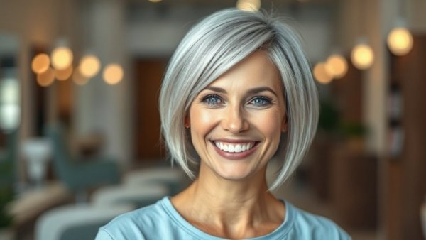 Smiling woman with short silver bob haircut in modern salon.