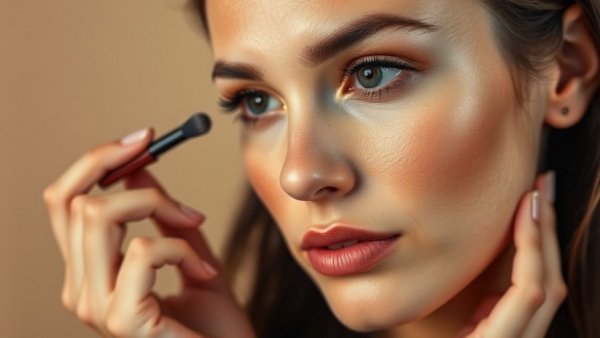 Young woman demonstrating bronzer application techniques on a beige background.