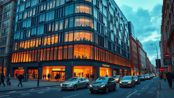 Modern commercial construction in London during dusk, vibrant city view.